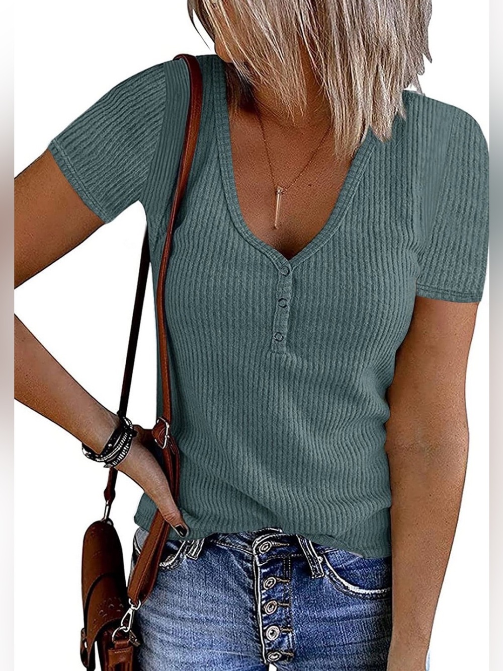 MEROKEETY SHORT SLEEVE VNECK RIBBED BUTTON IN TOP BLUE (more of a teal blue)